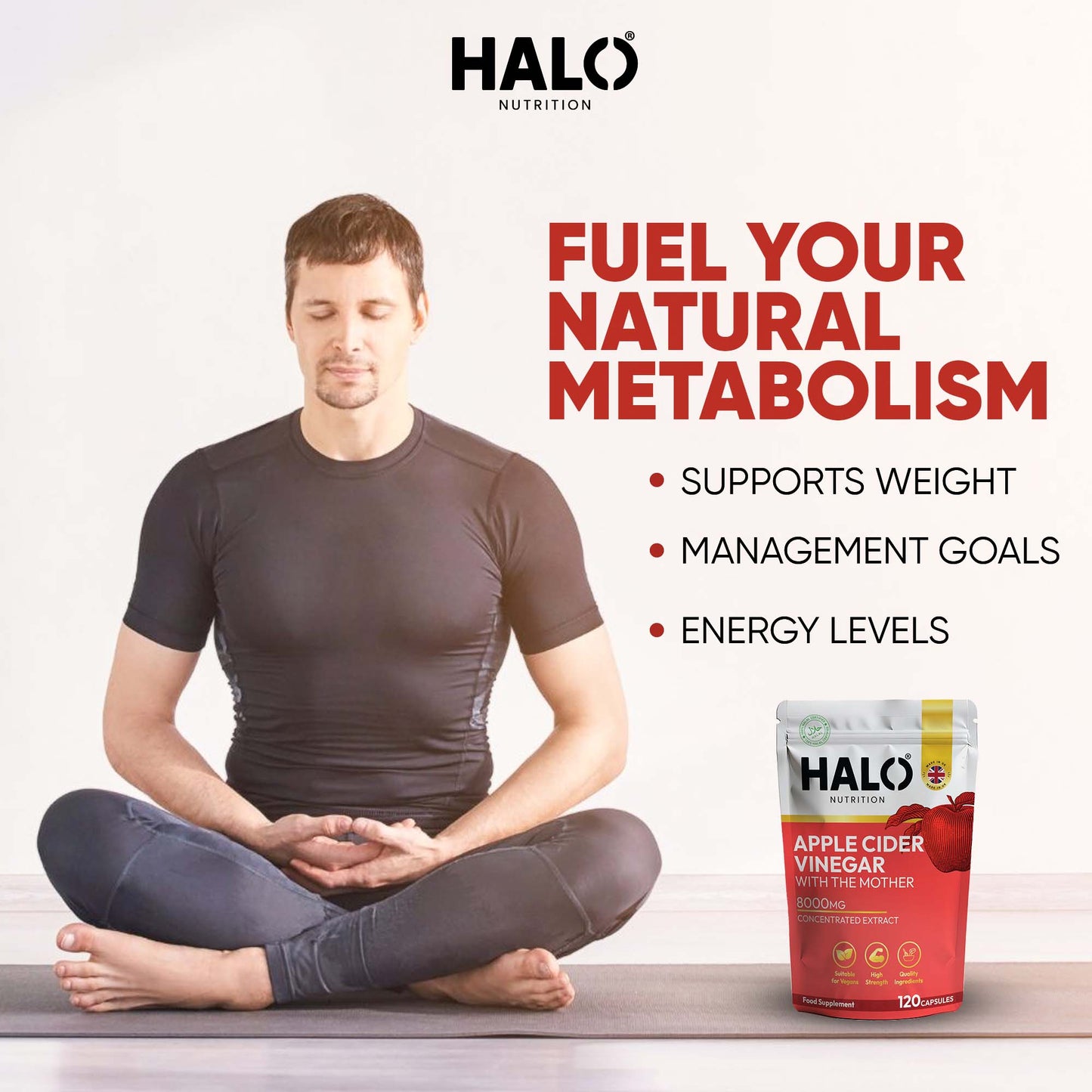 halo nutrition - apple cider vinegar 120 capsules - 5000mg - weight loss keto diet super strong