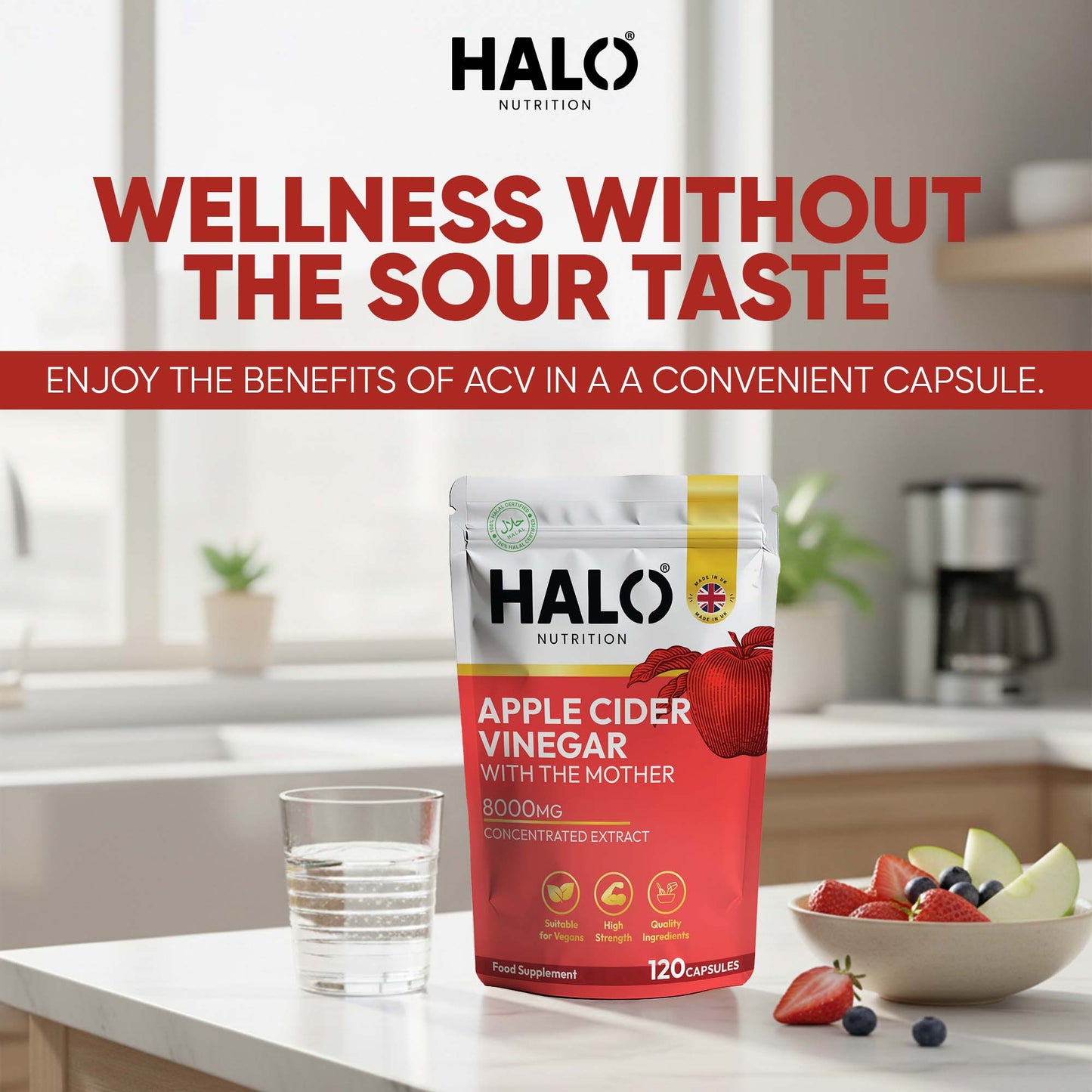 halo nutrition - apple cider vinegar 120 capsules - 5000mg - weight loss keto diet super strong