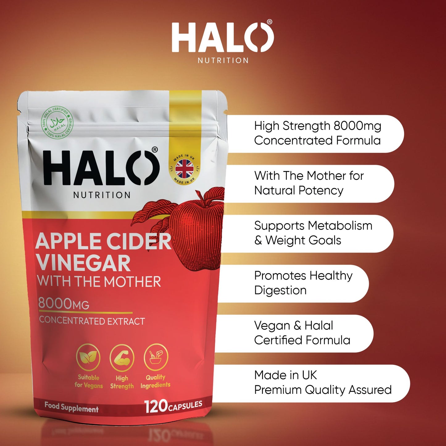 halo nutrition - apple cider vinegar 120 capsules - 5000mg - weight loss keto diet super strong