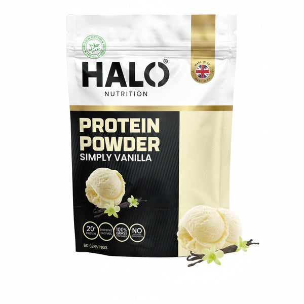HALO Nutrition protein powder package with vanilla flavor on a white background