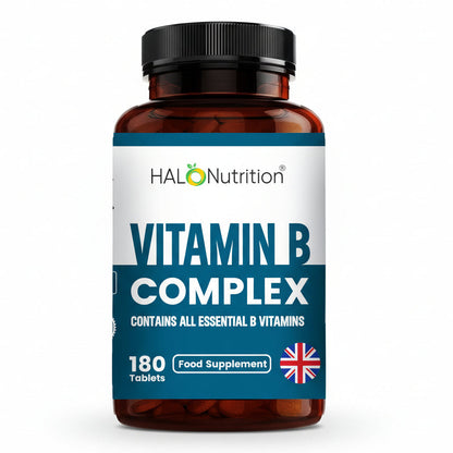 Bottle of Halo Nutrition Vitamin B Complex on a white background