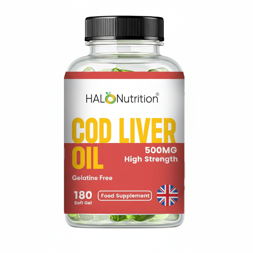bottle of halo nutrition cod liver oil supplement with a red label and black cap.