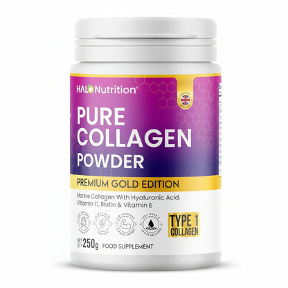 HALO Nutrition Pure Collagen Powder container with purple and white design