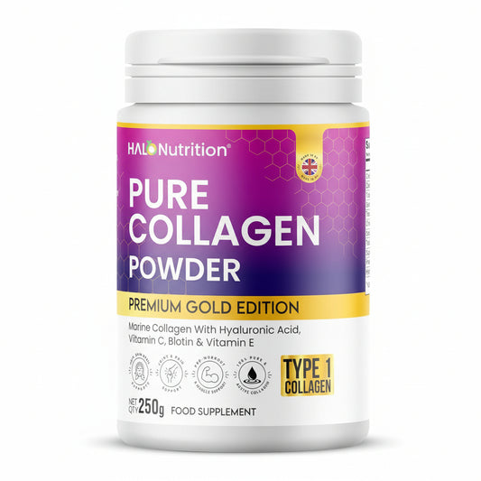 HALO Nutrition Pure Collagen Powder container with purple and white design