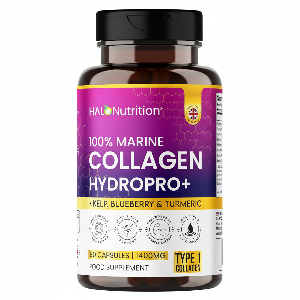 halonutrition 100% marine collagen hydropro+ supplement bottle on a white background