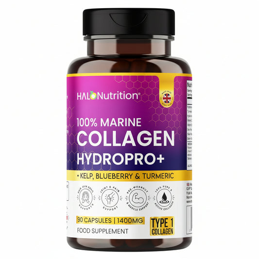 Halonutrition 100% Marine Collagen Hydropro+ supplement bottle on a white background