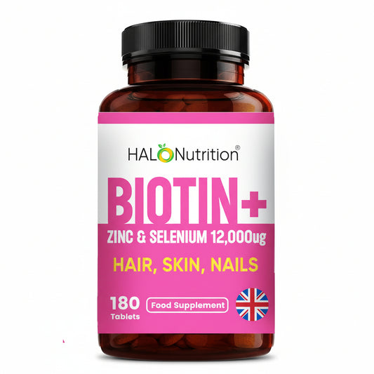 Bottle of Halonutrition Biotin supplement with pink label
