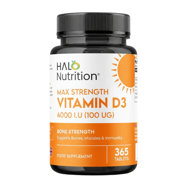 HALO Nutrition Max Strength Vitamin D3 supplement bottle on a white background