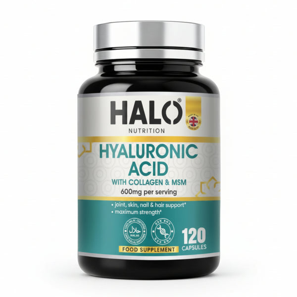 Bottle of Halo Nutrition Hyaluronic Acid supplement on a white background
