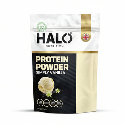 A stand-up pouch of HALO Nutrition Protein Powder in Simply Vanilla flavor. The packaging is white and black with gold accents, featuring a scoop of vanilla ice cream illustration on the front.