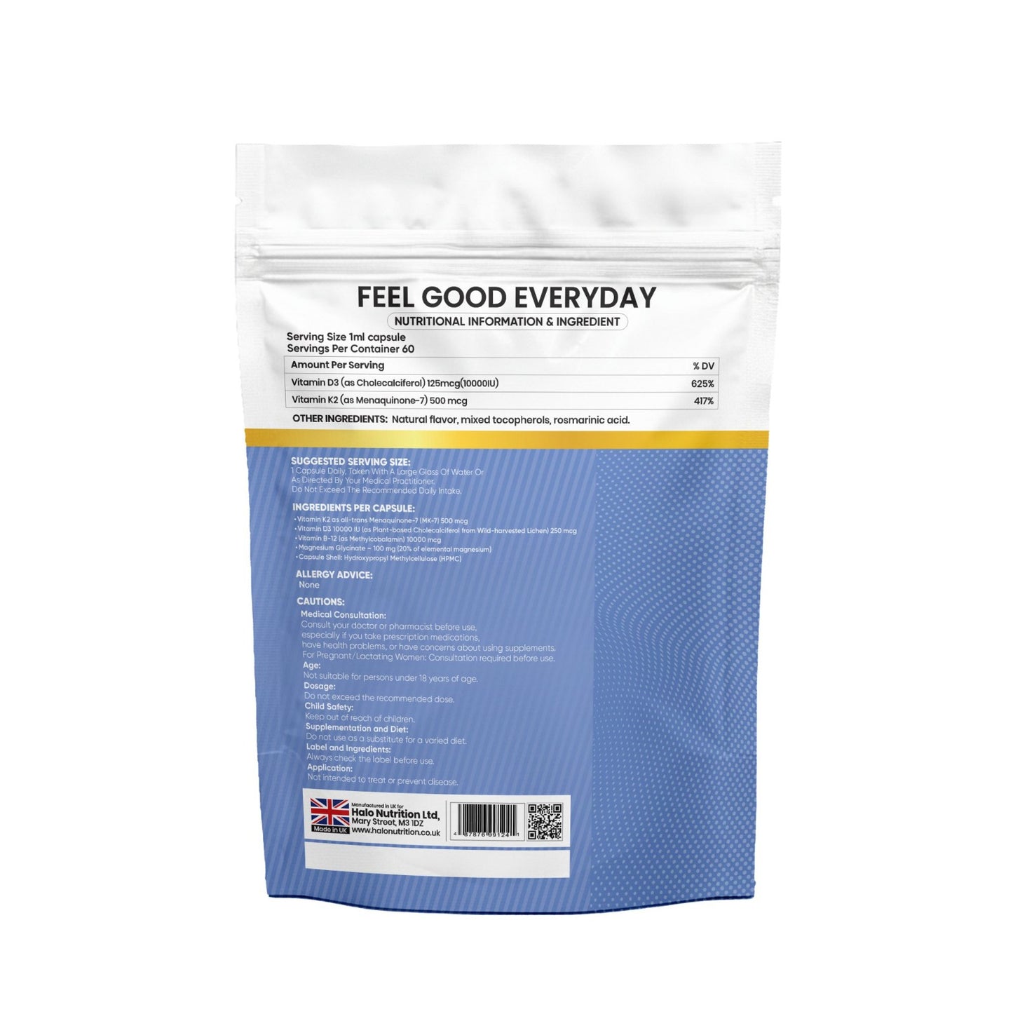 halo nutrition vitamin d3 k2 - 90 capsules 10,000 iu + k2 450mcg vit- d3 k2