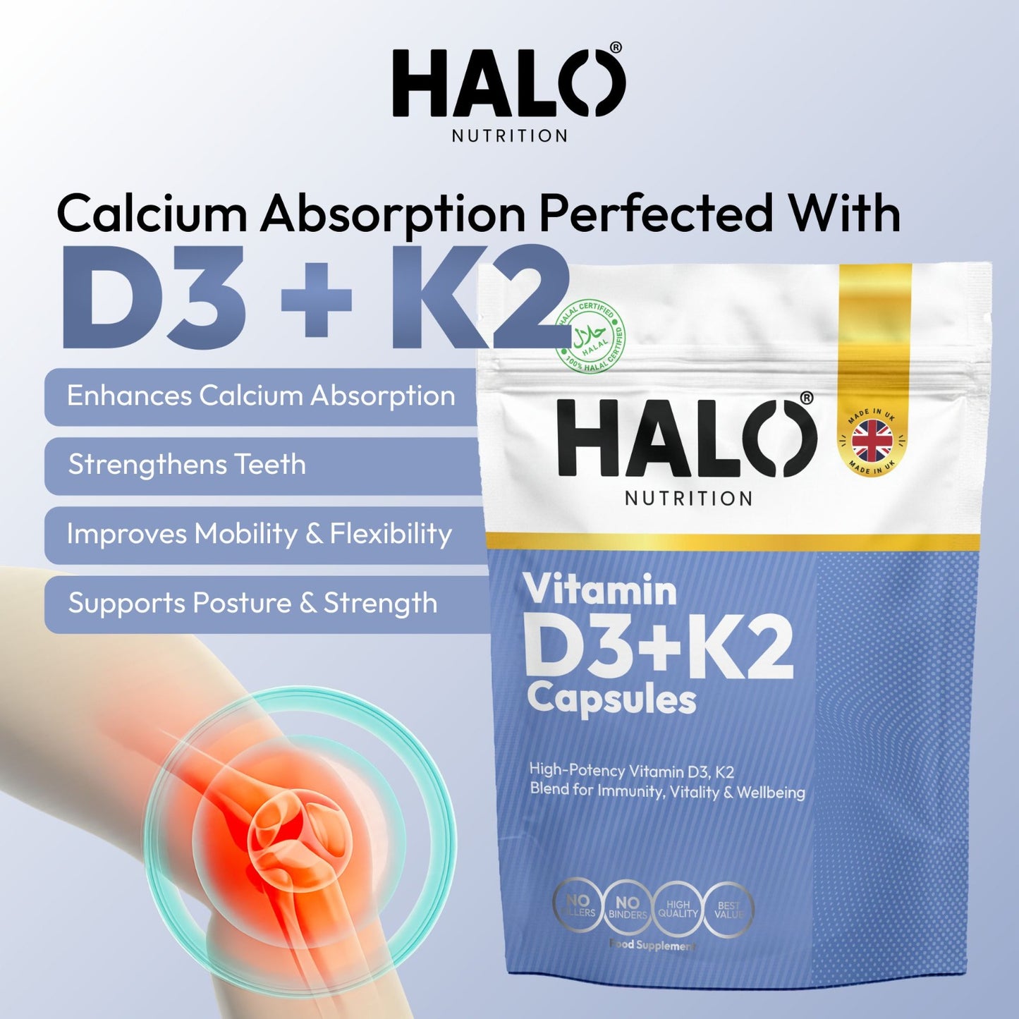 halo nutrition vitamin d3 k2 - 90 capsules 10,000 iu + k2 450mcg vit- d3 k2