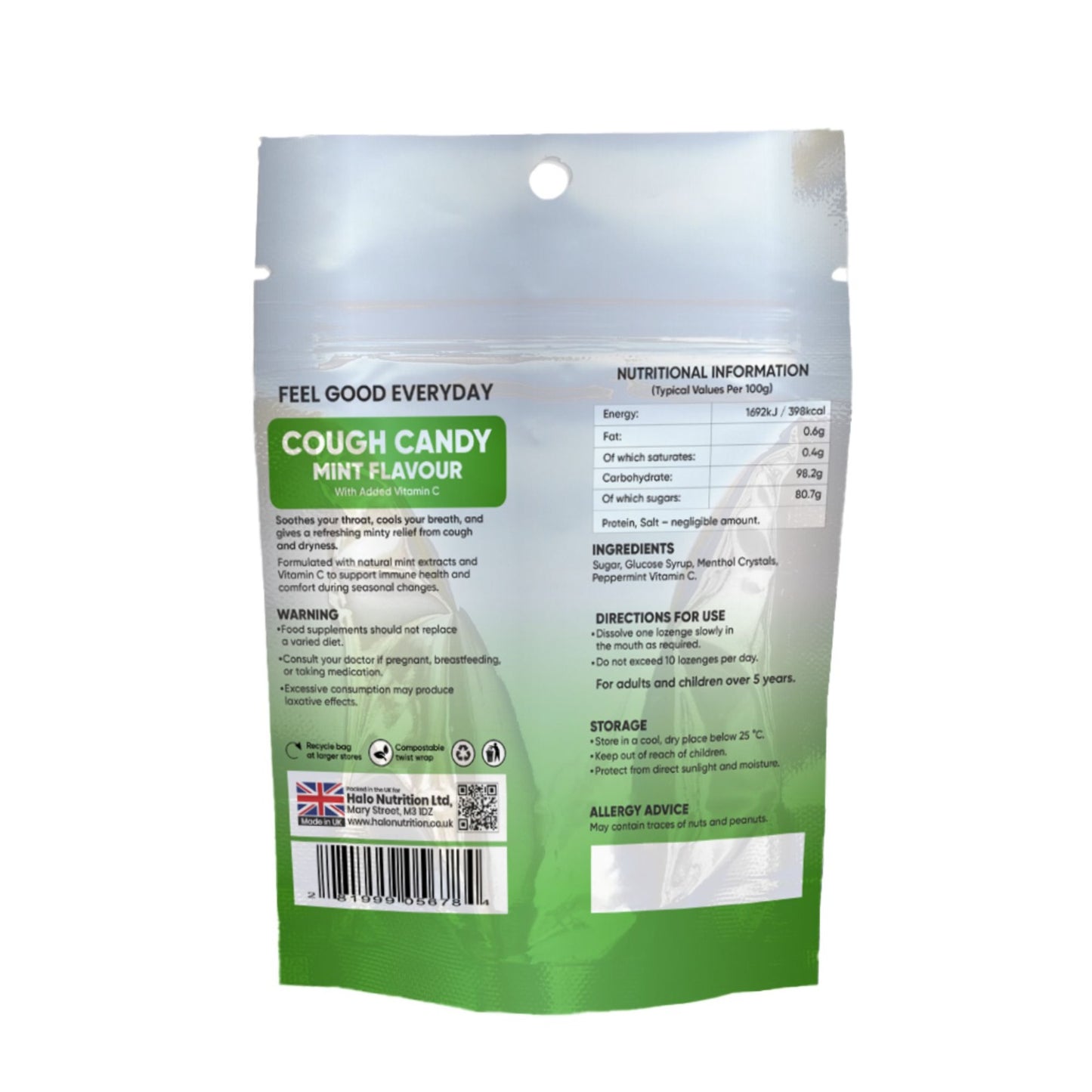 halo nutrition cough candy throat & cough drops (mint flavour) 75g
