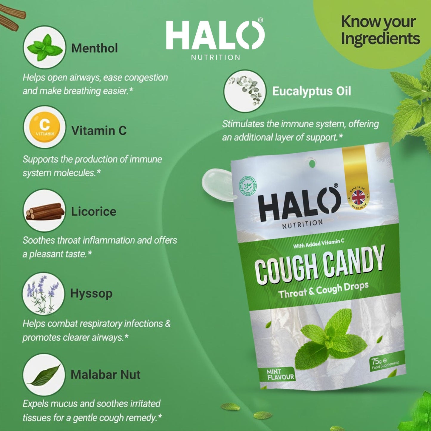 halo nutrition cough candy throat & cough drops (mint flavour) 75g