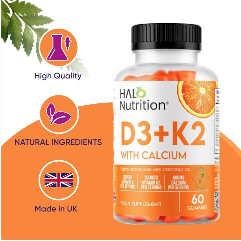 halo nutrition vitamin d gummies with k2 and calcium, high strength sugar free