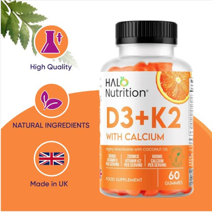 Halo Nutrition Vitamin D Gummies with K2 and Calcium, High Strength Sugar Free