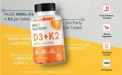 Halo Nutrition Vitamin D Gummies with K2 and Calcium, High Strength Sugar Free