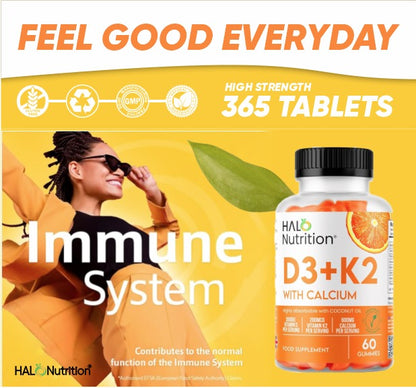 Halo Nutrition Vitamin D Gummies with K2 and Calcium, High Strength Sugar Free